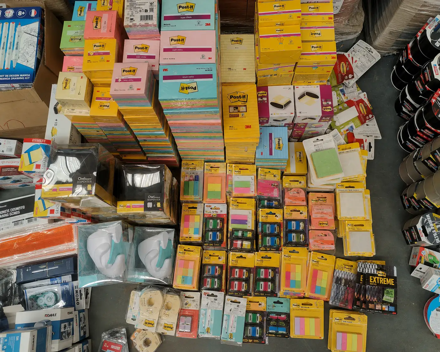 Palettes de fournitures de papeterie Pot-It en déstockage