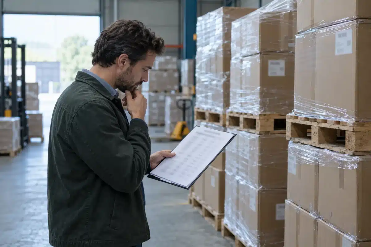 Une personne examine un listing devant des cartons de stock professionnel sur palettes.