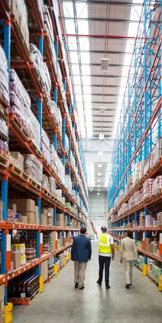 3 personnes qui marchent et discutent de l'entrepôt de stockage de produits de plomberie en lot
